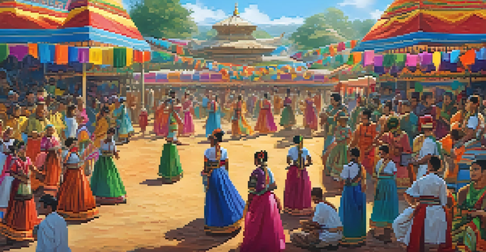 A lively festival where people in traditional costumes dance, with colorful stalls and decorations around them.
