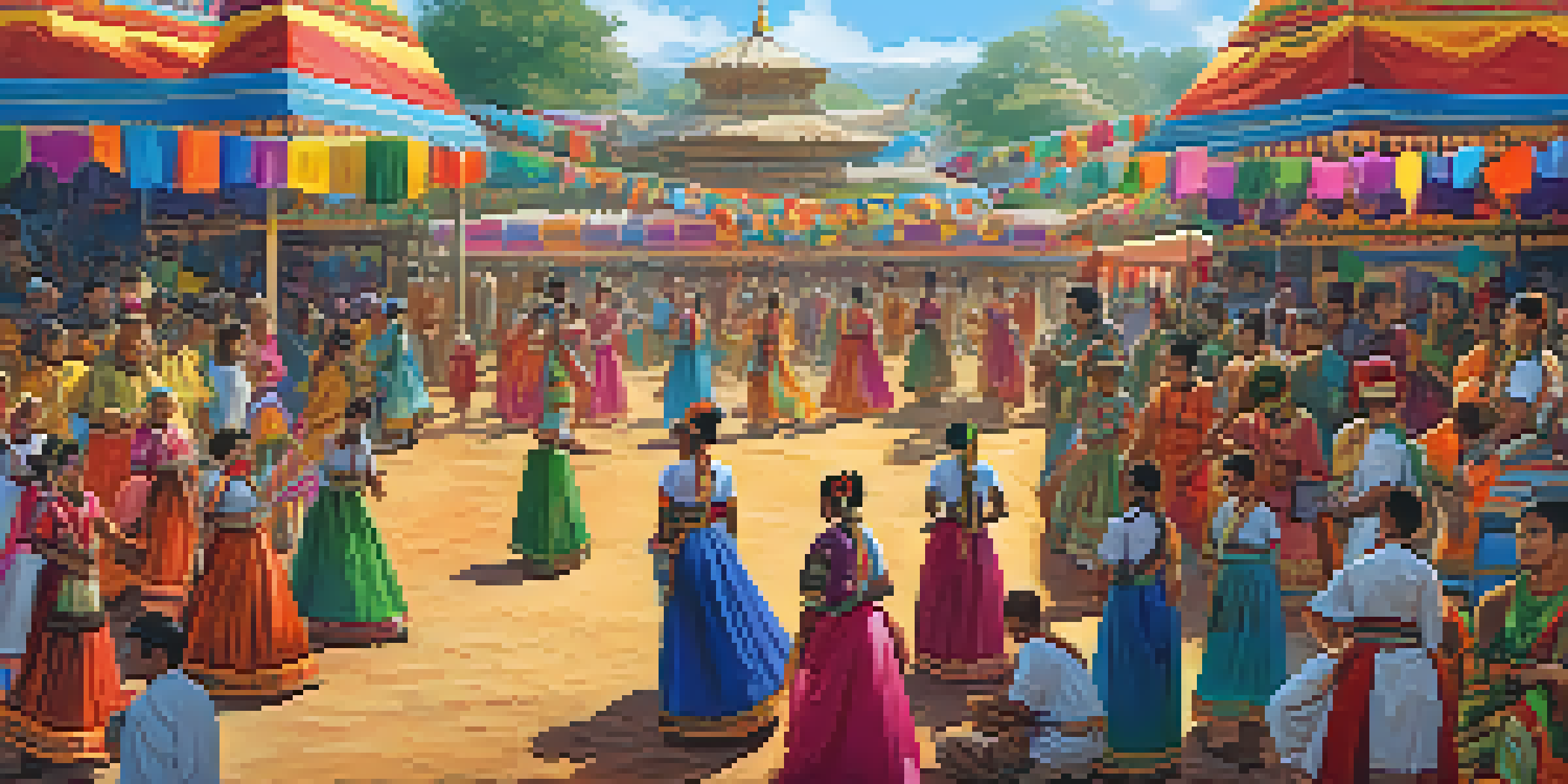 A lively festival where people in traditional costumes dance, with colorful stalls and decorations around them.