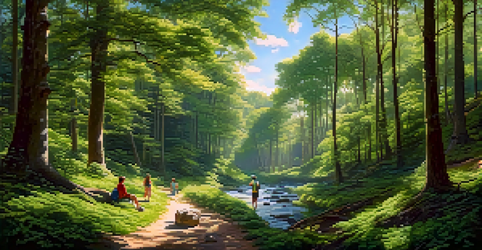 A scenic forest landscape with a river, showcasing travelers on a nature walk under filtered sunlight.