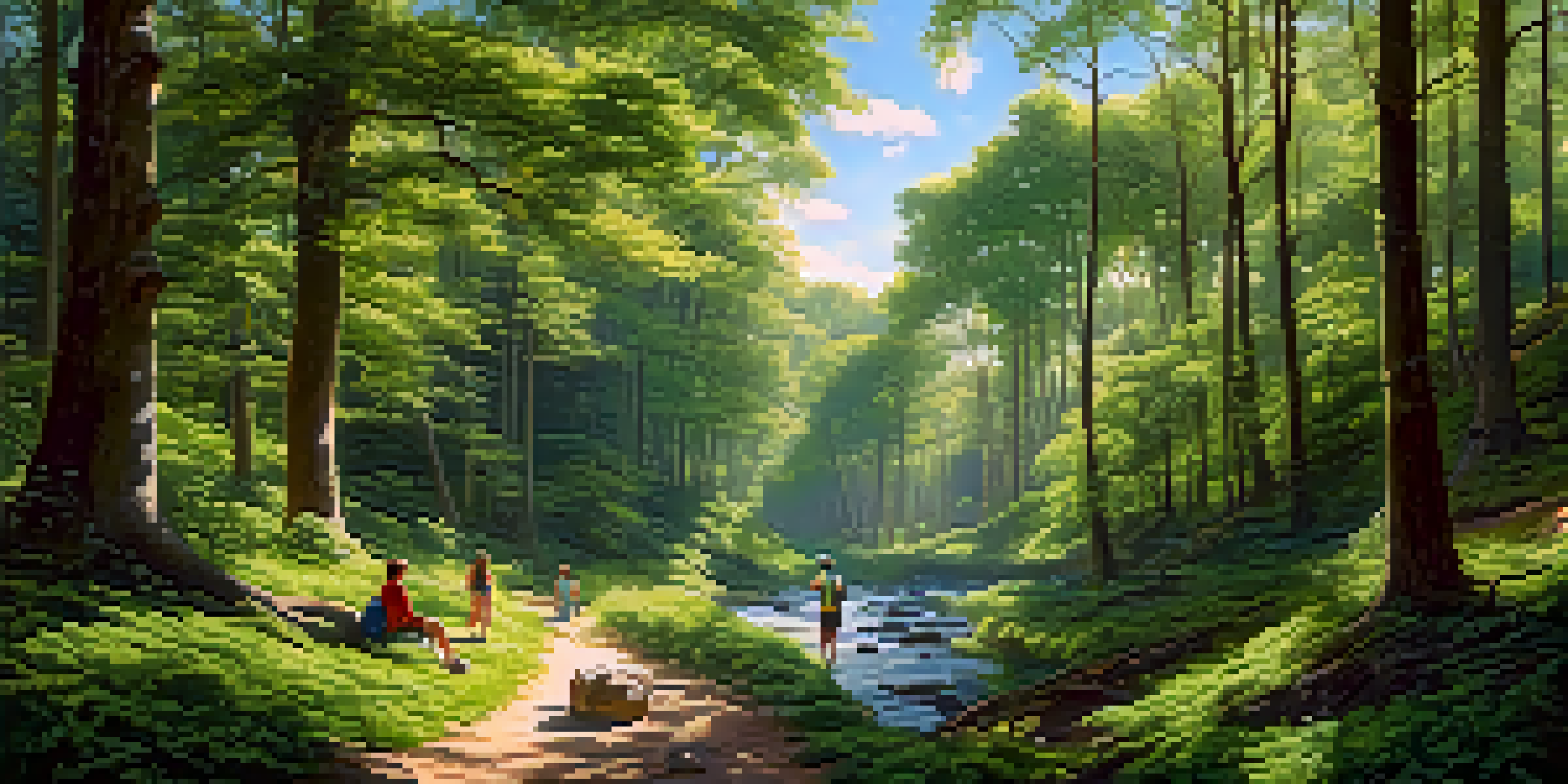 A scenic forest landscape with a river, showcasing travelers on a nature walk under filtered sunlight.