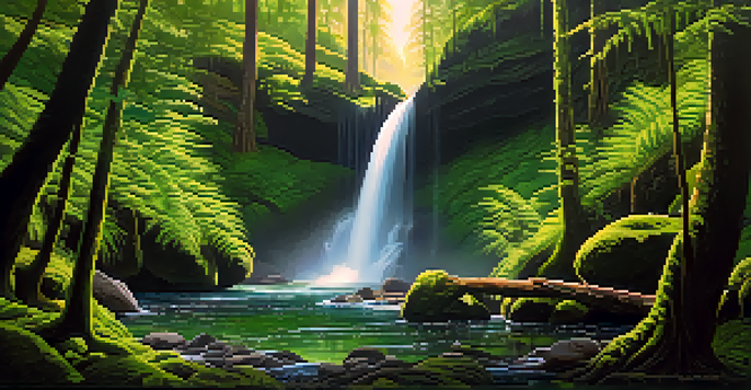 A waterfall flowing through a dense rainforest with ferns and moss, illuminated by sunlight filtering through the trees.