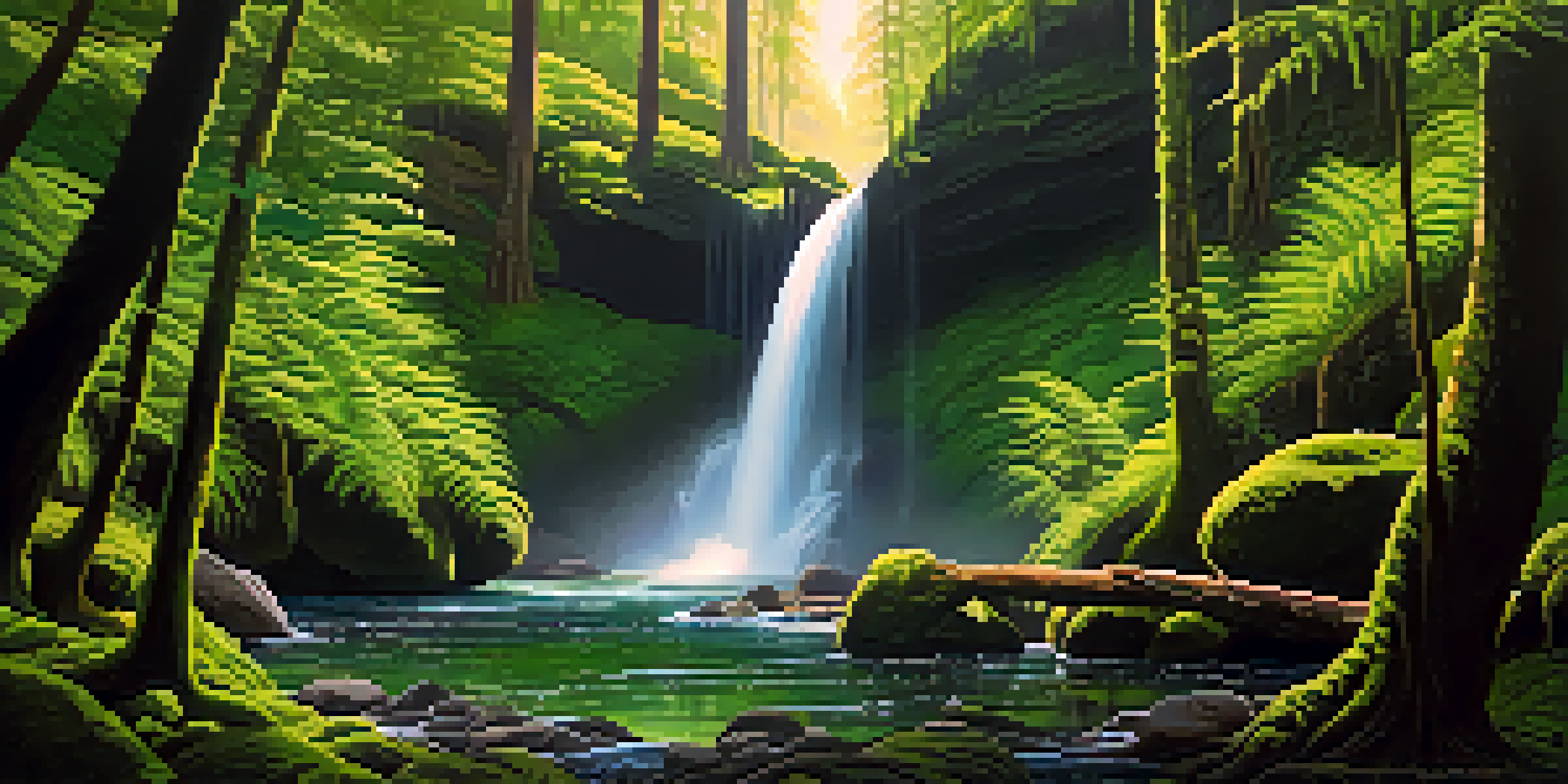 A waterfall flowing through a dense rainforest with ferns and moss, illuminated by sunlight filtering through the trees.
