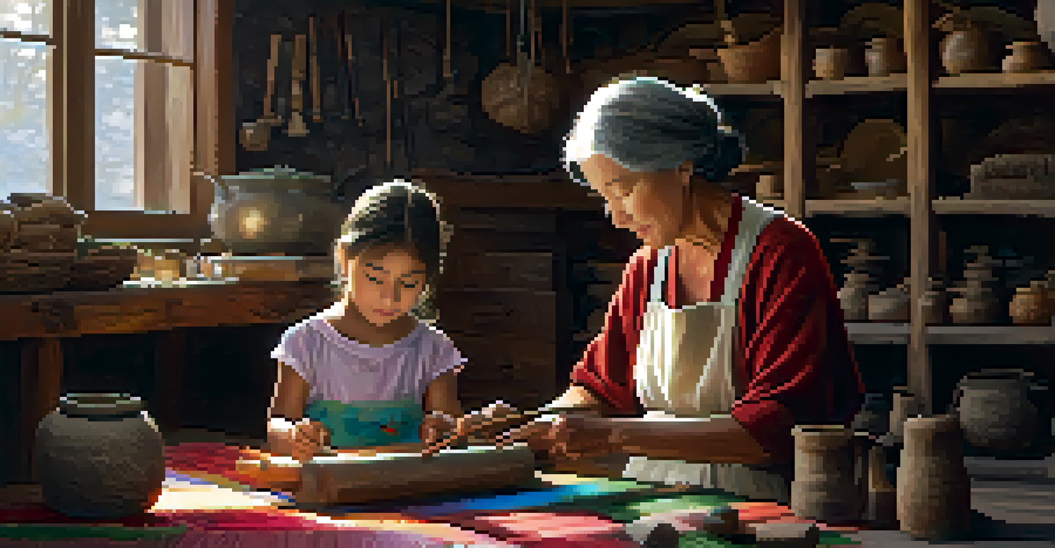 A grandmother and grandchild engaging in a traditional craft, surrounded by handmade artifacts in a warmly lit workshop, highlighting their connection and creativity.