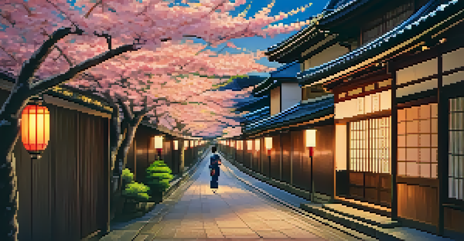 A geiko in a colorful kimono walking through a lantern-lit street in Kyoto's Gion District at sunset.
