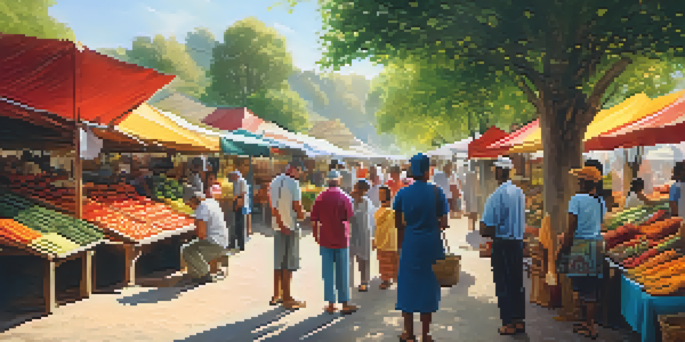 A lively market with community members and tourists, colorful stalls filled with crafts and produce, and sunlight streaming through the trees.