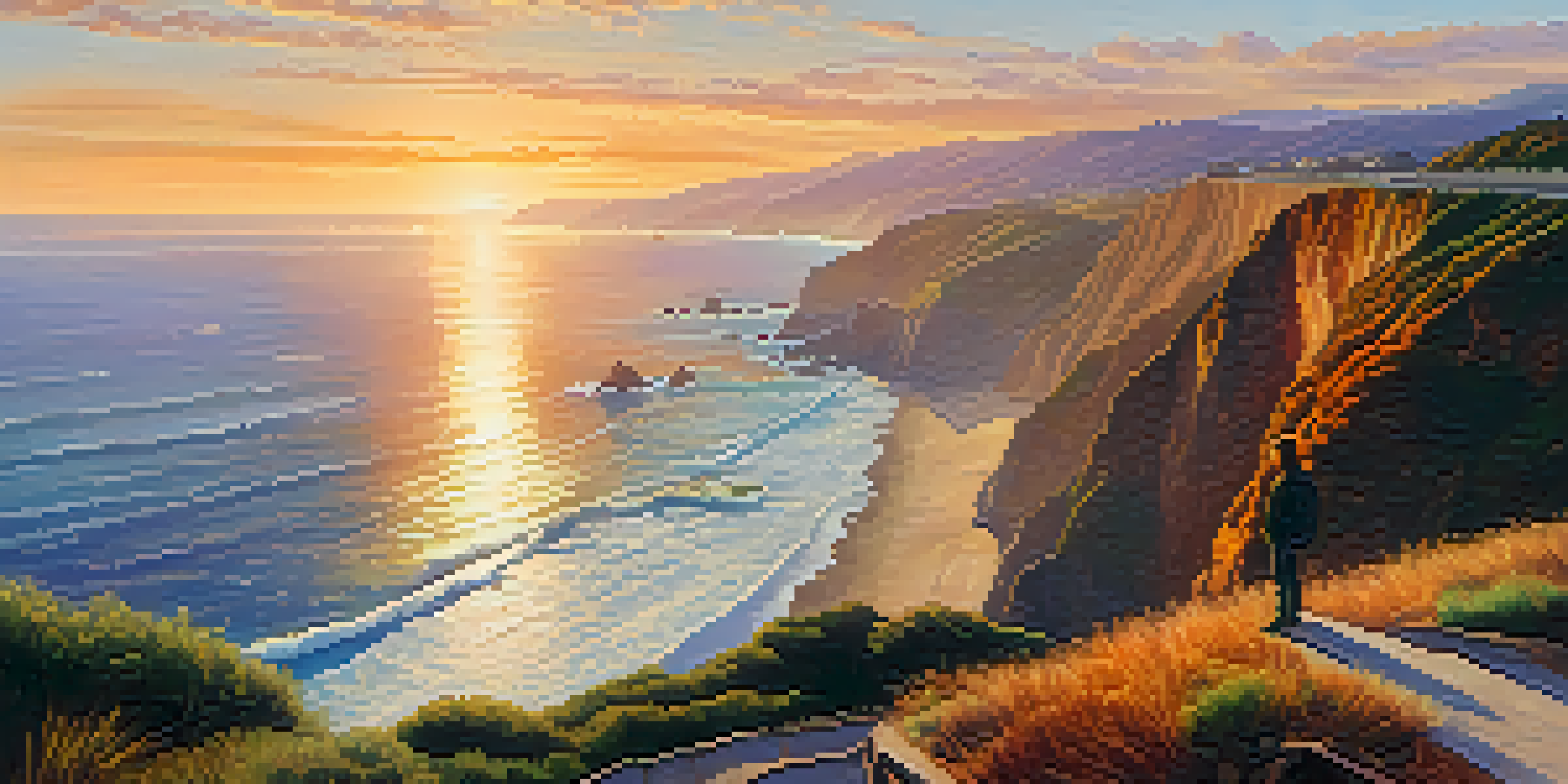A traveler standing at a scenic viewpoint overlooking the Pacific Coast Highway, with dramatic cliffs and ocean waves illuminated by sunset colors.
