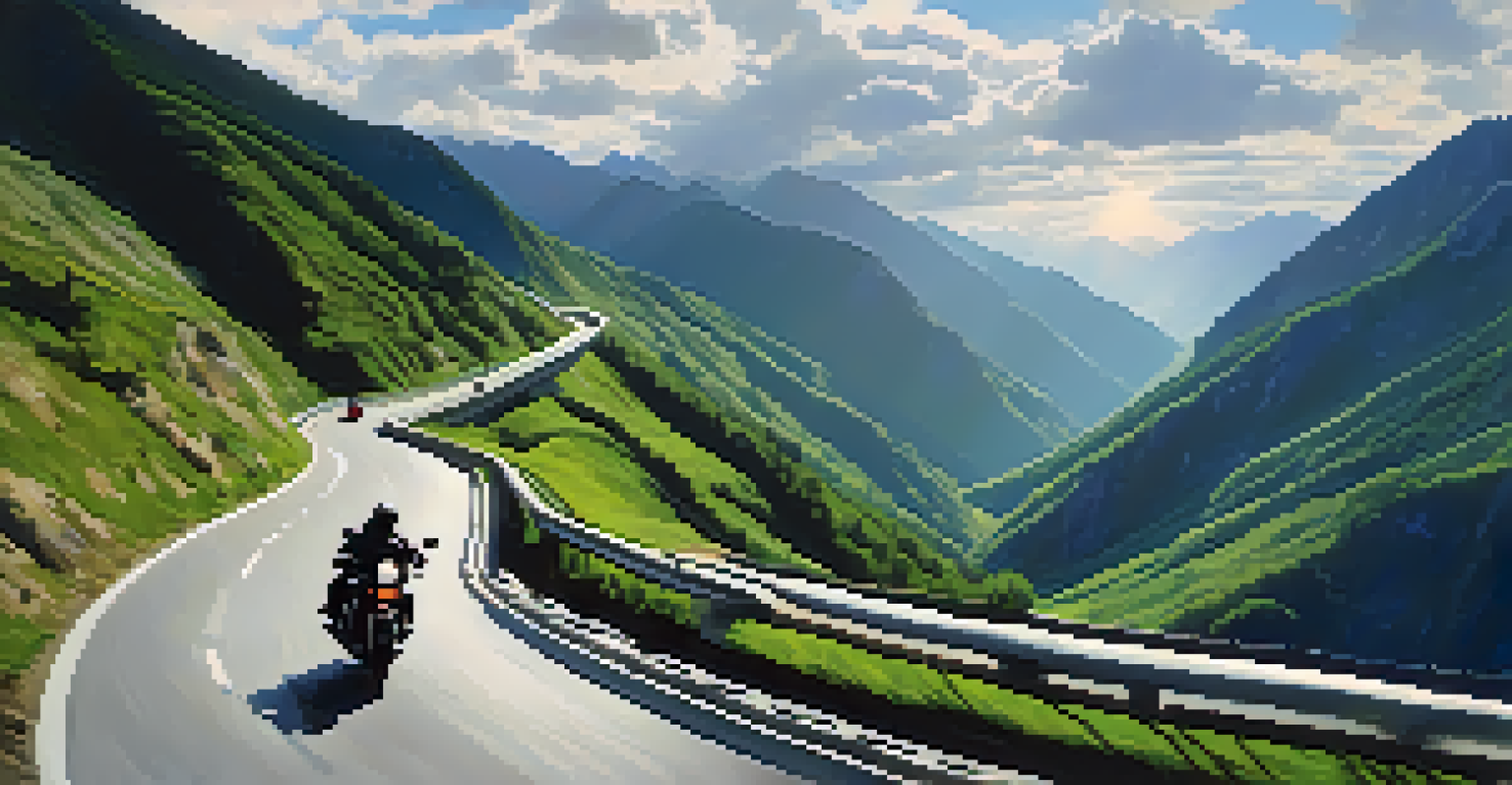 A winding mountain road of the Transfagarasan Highway with a motorcycle, surrounded by green trees and dramatic mountain peaks under sunlight.