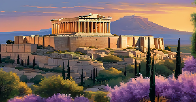 A breathtaking sunset view of the Acropolis, highlighting the illuminated Parthenon amidst a vibrant sky and olive trees.