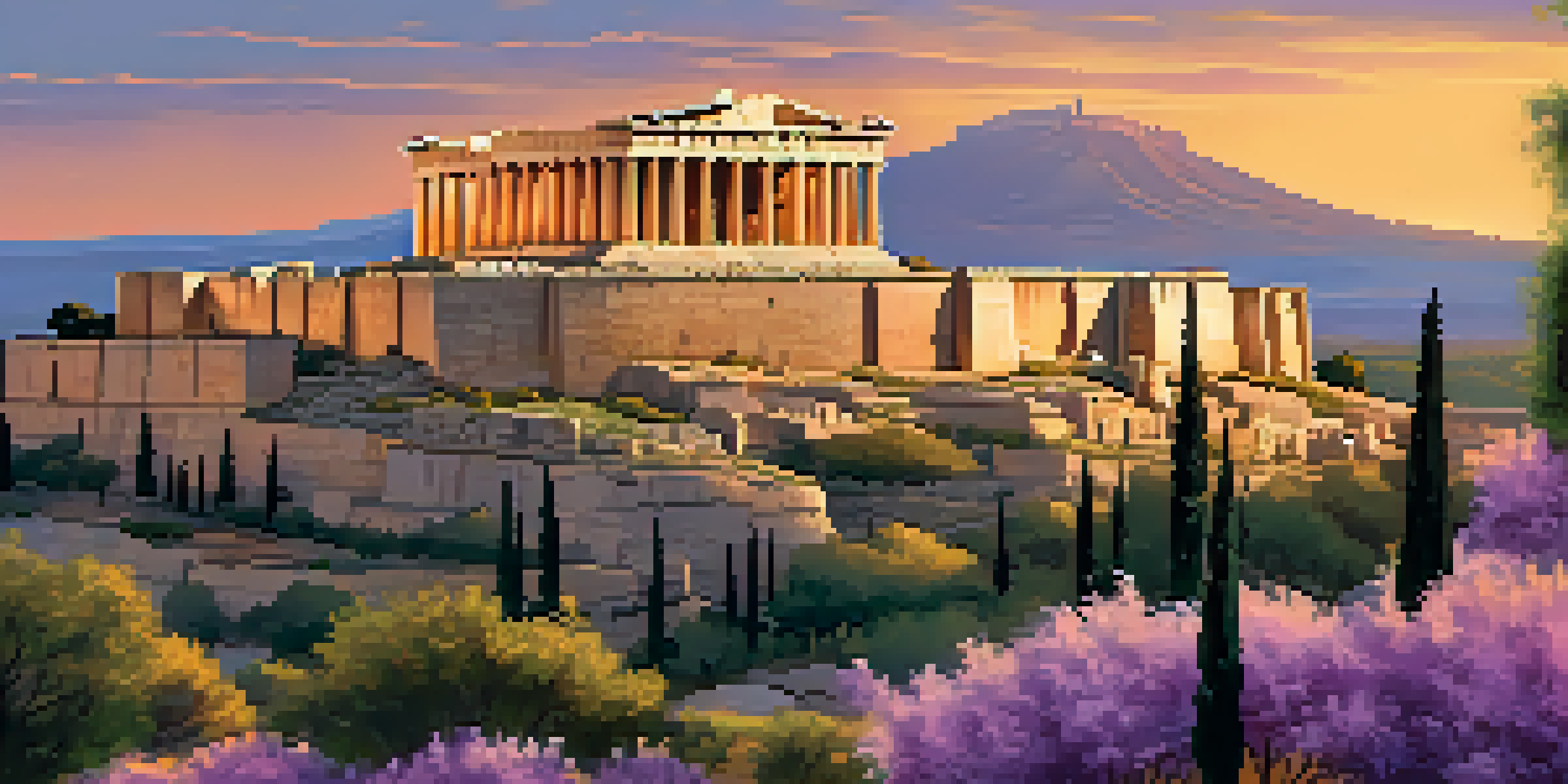 A breathtaking sunset view of the Acropolis, highlighting the illuminated Parthenon amidst a vibrant sky and olive trees.