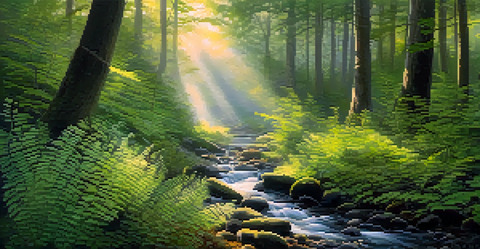 A peaceful forest with sunlight streaming through the trees, a winding path, and a misty atmosphere.