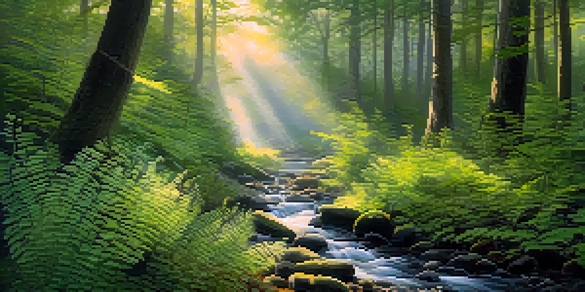 A peaceful forest with sunlight streaming through the trees, a winding path, and a misty atmosphere.