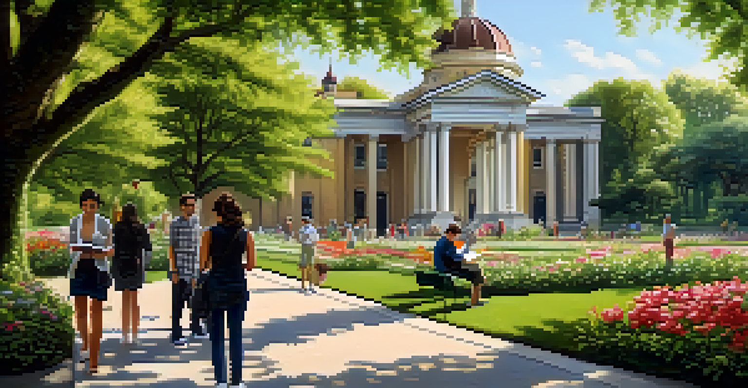 A serene park with a historic building, surrounded by greenery and visitors enjoying the peaceful atmosphere.