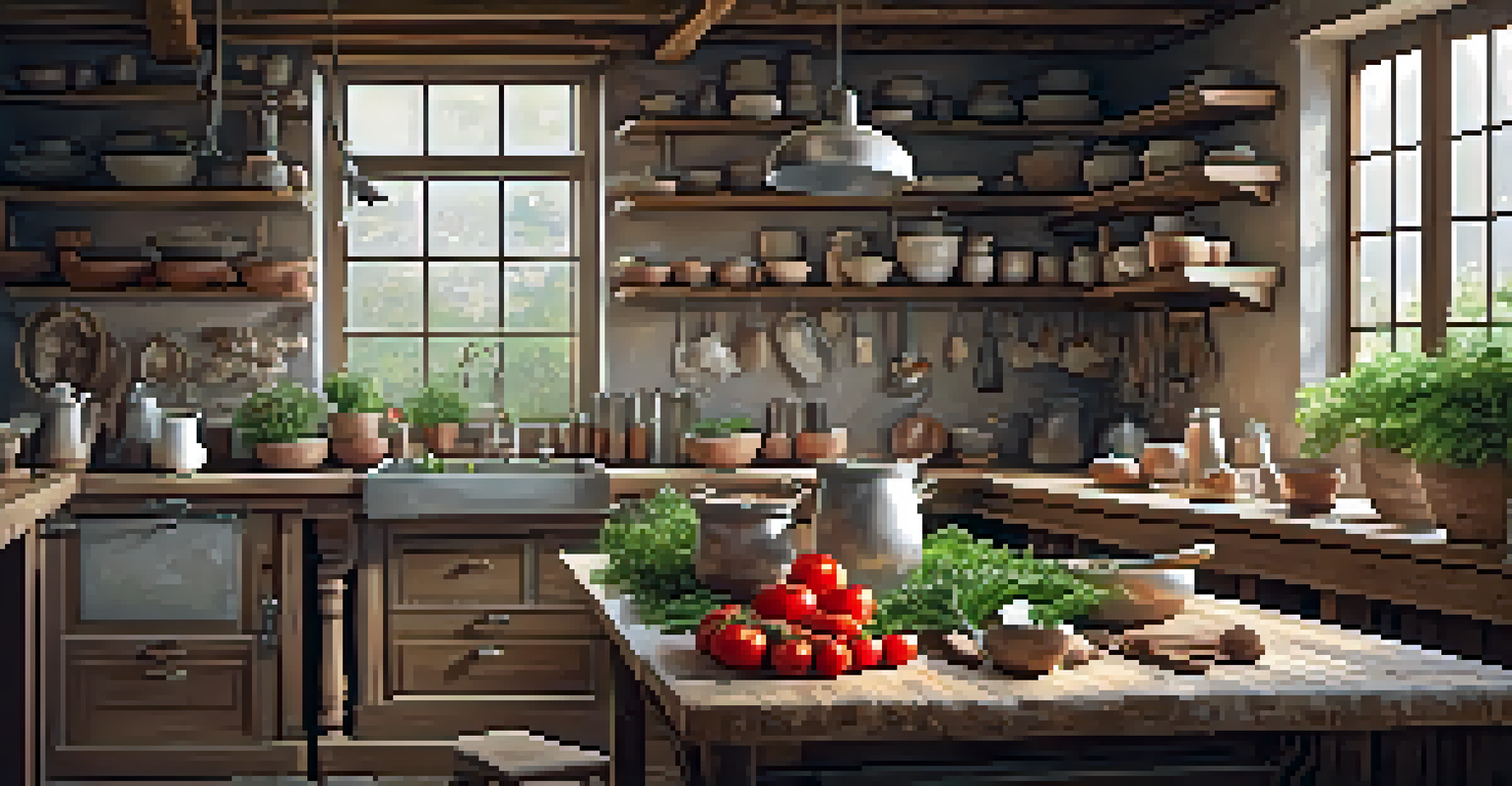 A cozy kitchen with a local chef teaching a cooking class, surrounded by fresh ingredients and warm lighting.