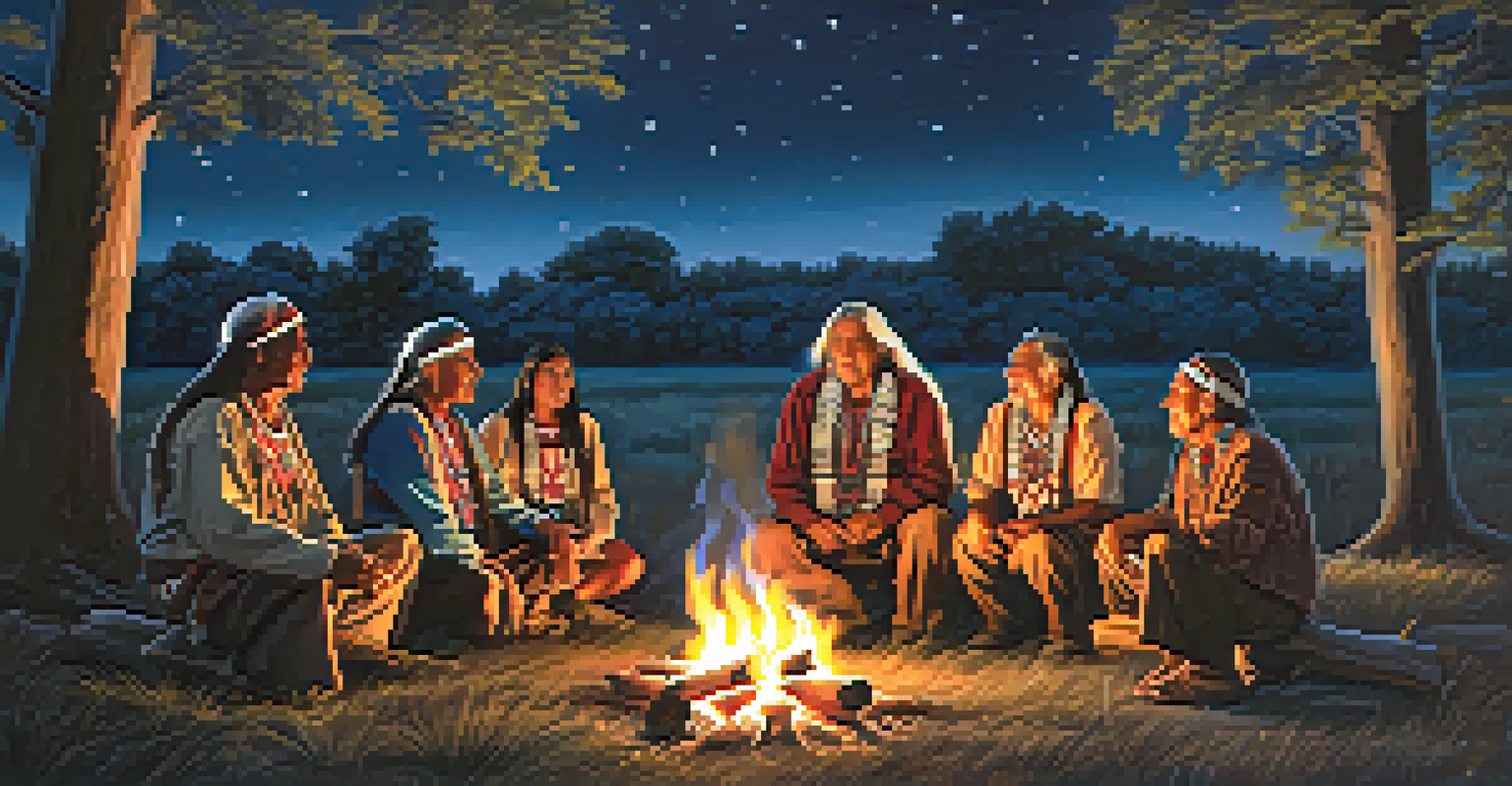 Elders sharing stories around a campfire at night, with a starry sky and warm firelight enhancing the scene.