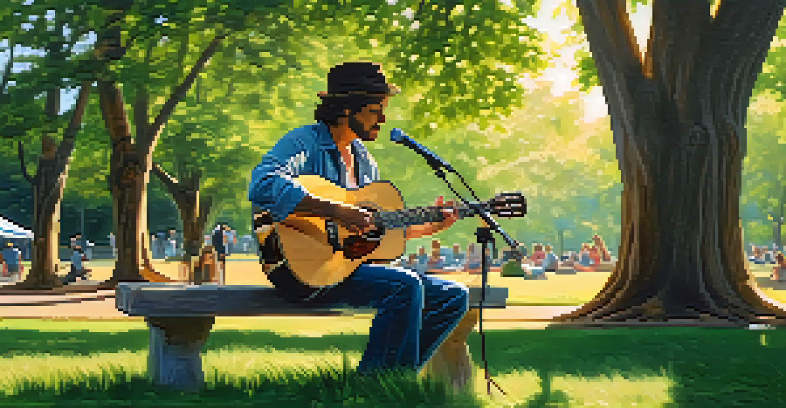 A close-up of a local musician playing an acoustic guitar in a park, with spectators enjoying the performance amidst lush greenery.