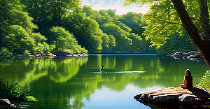 A person meditating by a calm lake in a forest, with sunlight filtering through the trees.