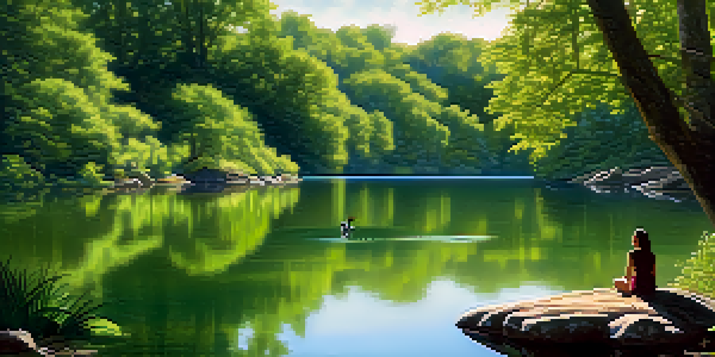 A person meditating by a calm lake in a forest, with sunlight filtering through the trees.