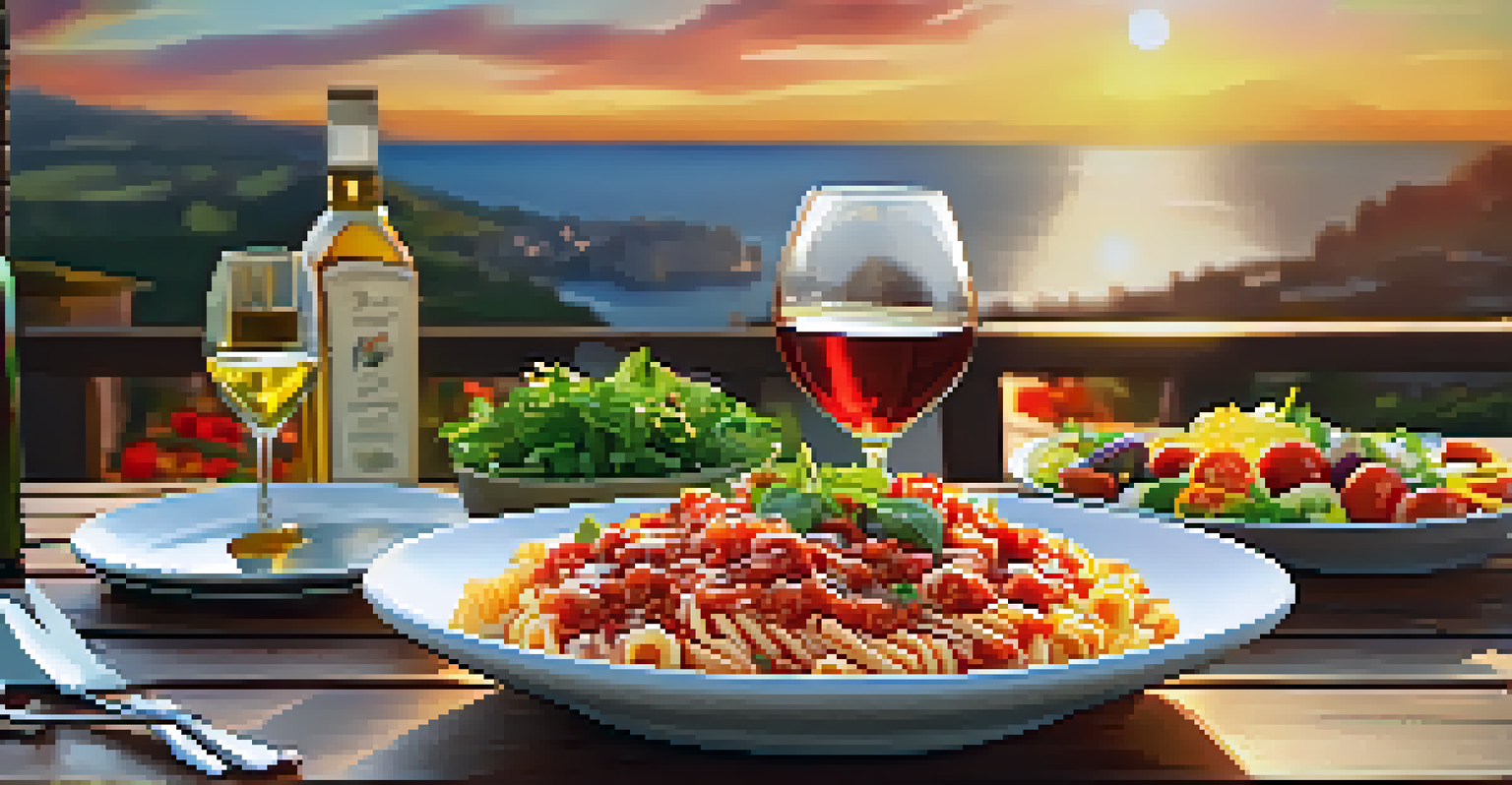 An outdoor dining table set with a bowl of pasta, salads, and olive oil, surrounded by a sunset backdrop.