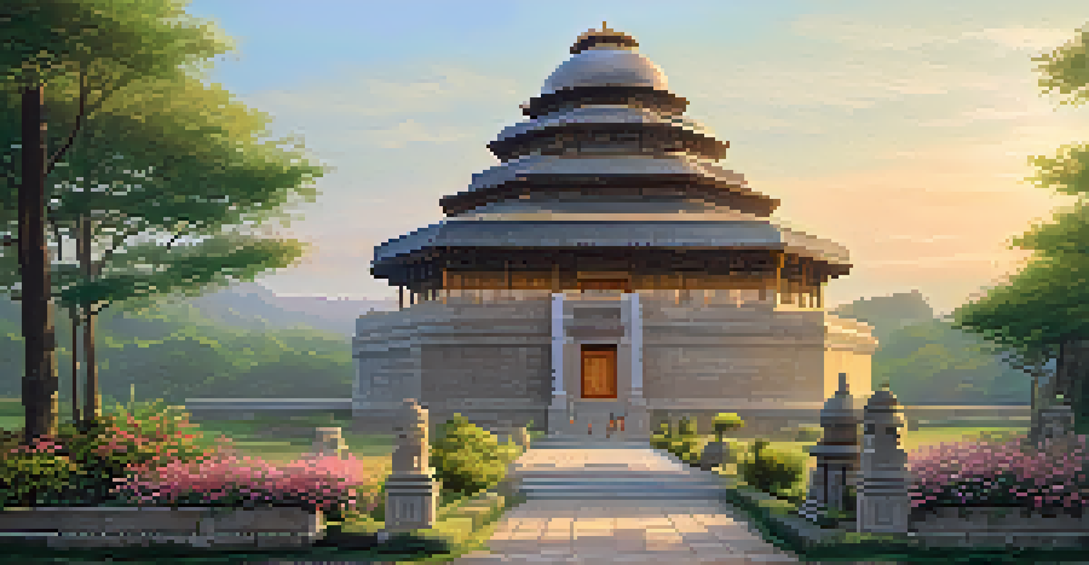 A historic cultural site surrounded by greenery, illuminated by golden hour light, with visitors appreciating the architecture.