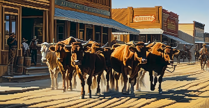 A lively street scene in Dodge City, Kansas, featuring cowboys in traditional attire and historic wooden buildings during sunset.