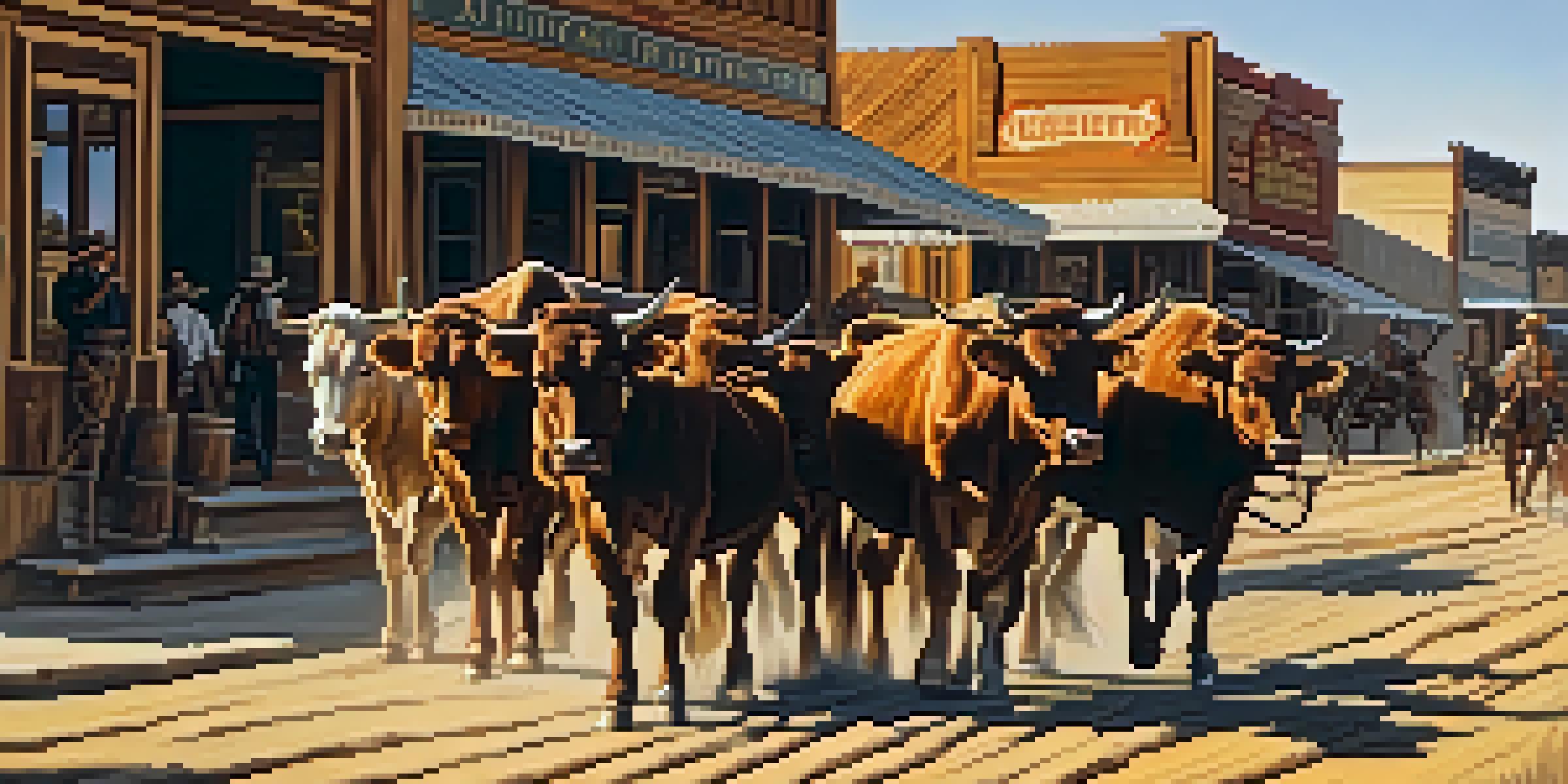 A lively street scene in Dodge City, Kansas, featuring cowboys in traditional attire and historic wooden buildings during sunset.
