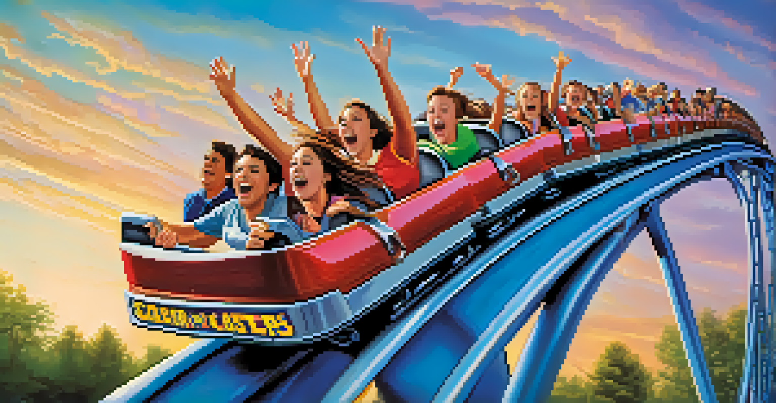 A thrilling roller coaster at Cedar Point with families enjoying the ride against a beautiful lakeshore backdrop.