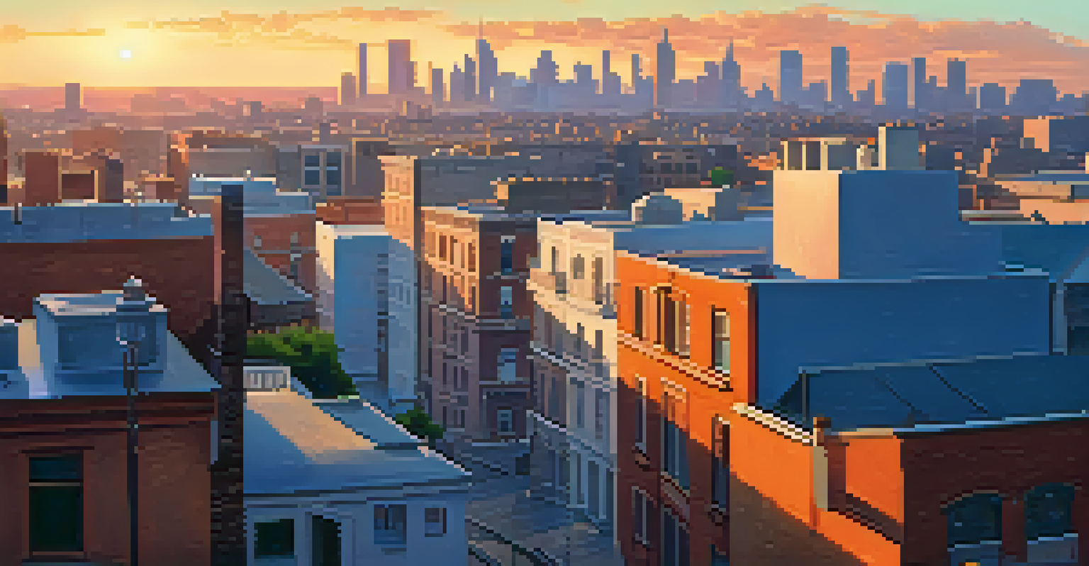 A city skyline at golden hour with warm sunlight and colorful sky over rooftops and skyscrapers.
