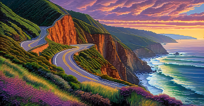 A scenic view of the Pacific Coast Highway at sunset with ocean waves and colorful sky.