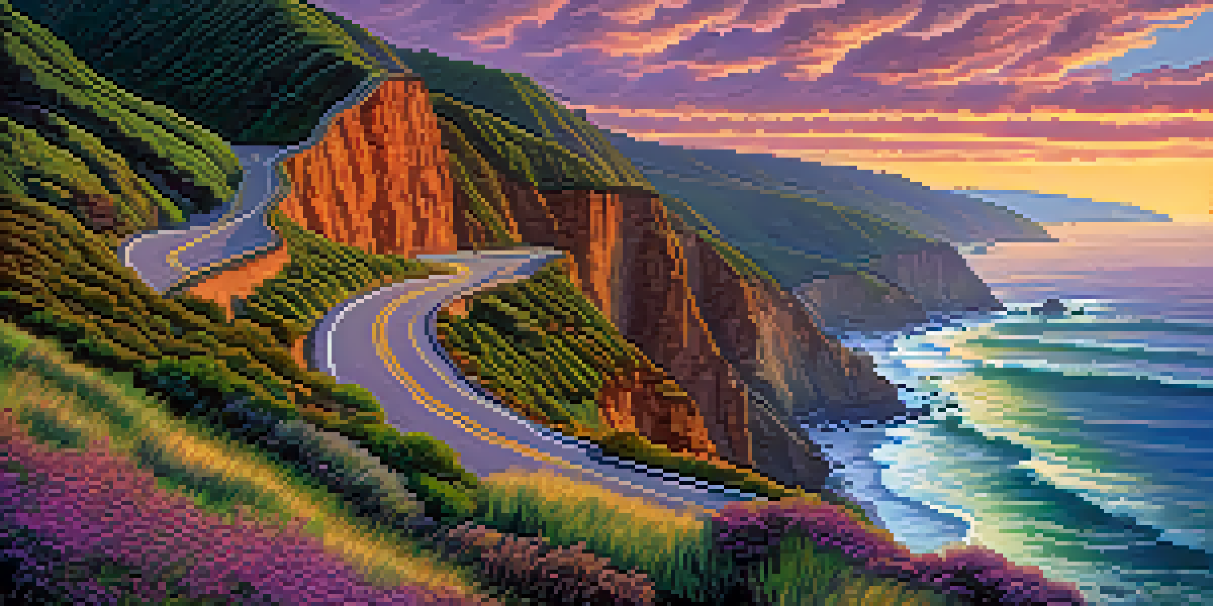 A scenic view of the Pacific Coast Highway at sunset with ocean waves and colorful sky.