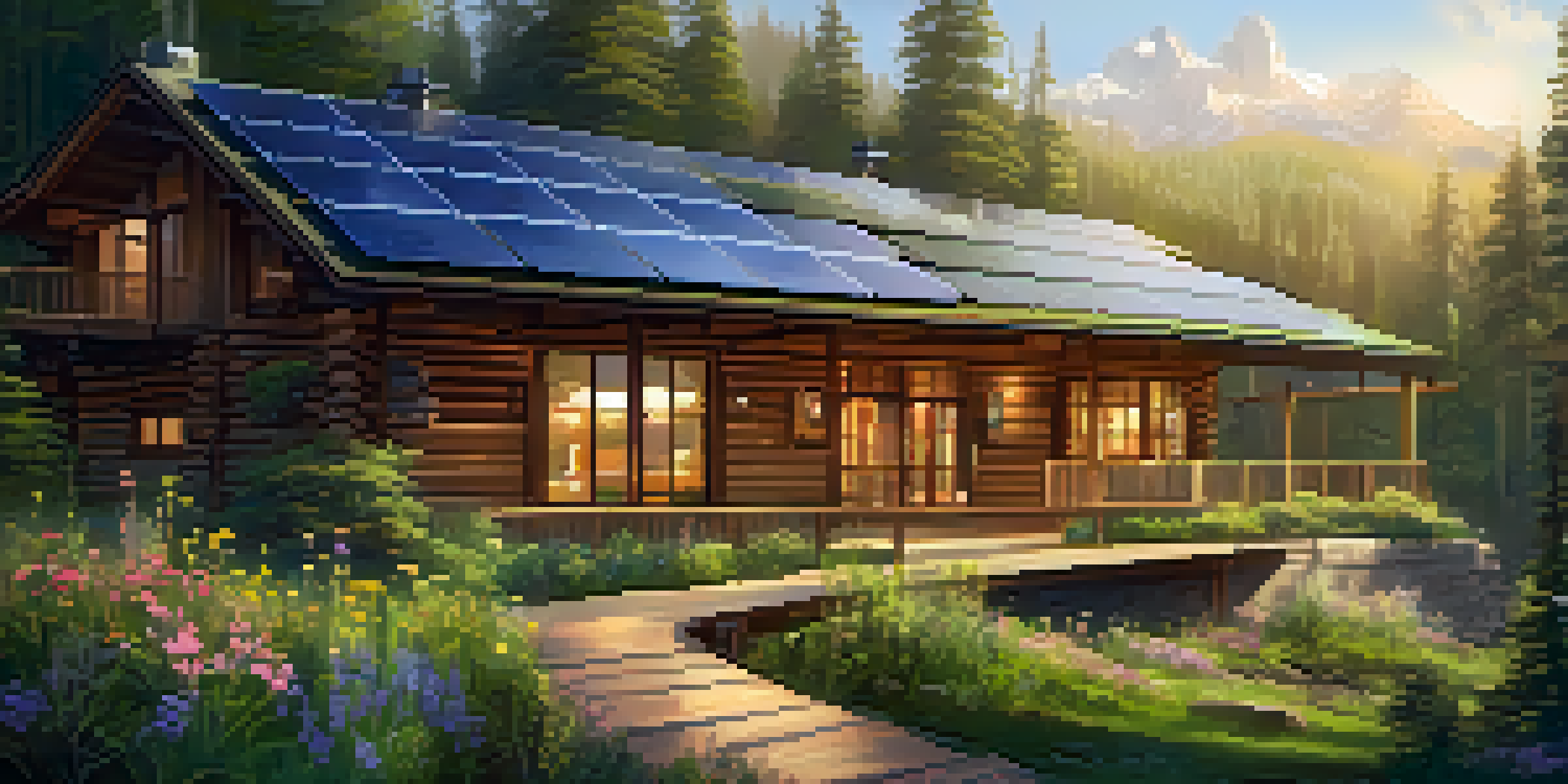 A scenic eco-friendly lodge in a green forest with solar panels and wildflowers under warm sunlight.