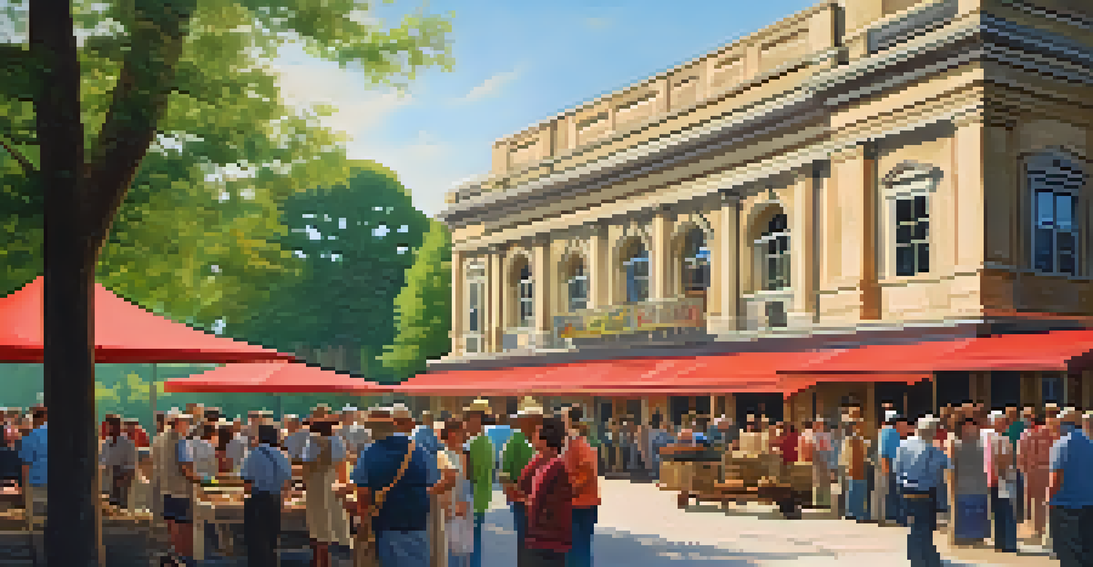 A community event at a restored heritage building with local artisans showcasing crafts, colorful banners, and people interacting in soft afternoon light.