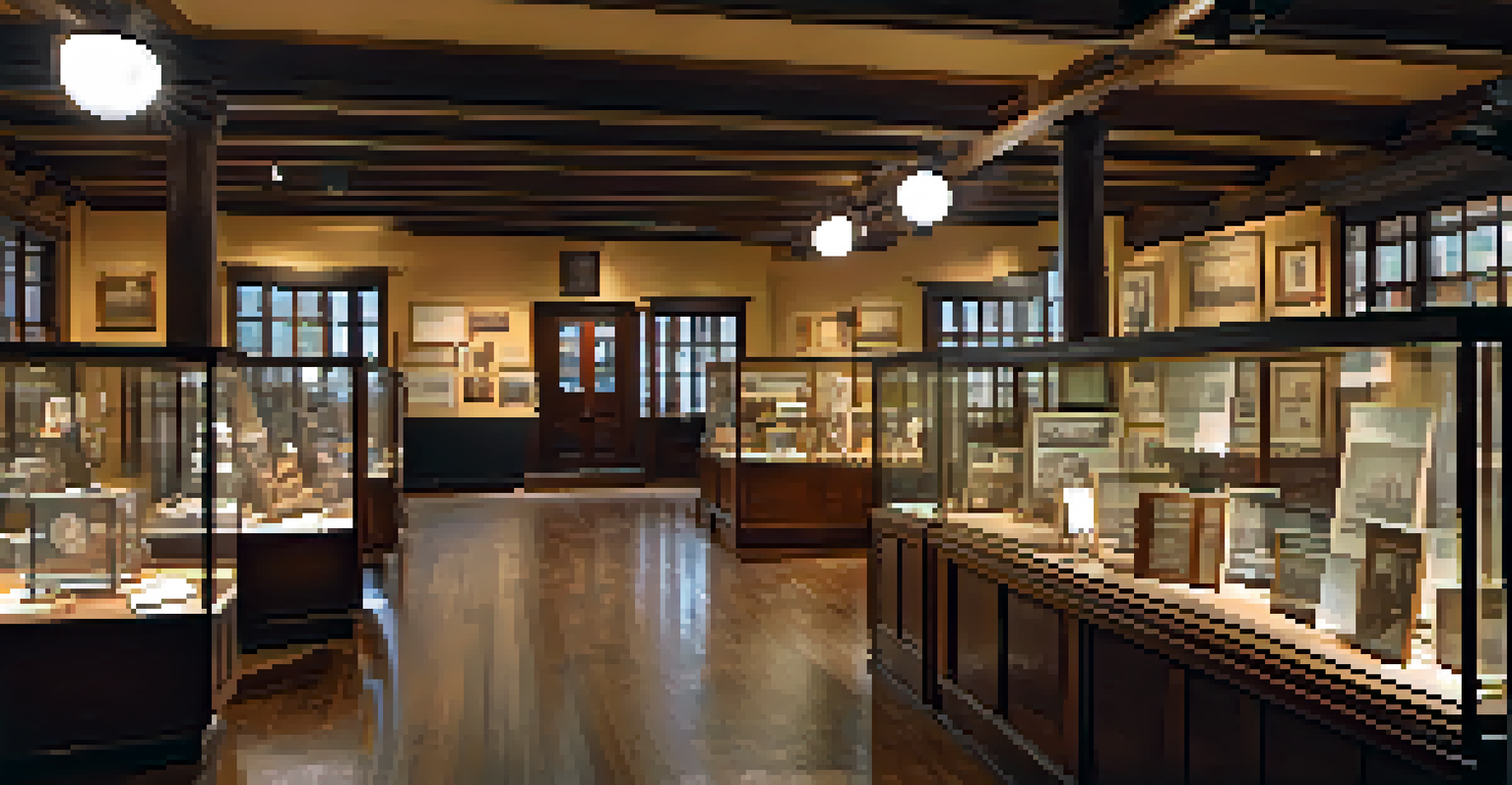 An exhibit room in a historical society filled with artifacts, photographs, and warm lighting.