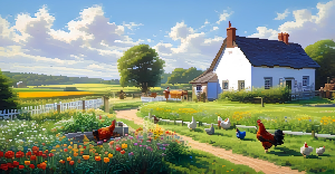 A serene rural scene featuring a green field, a wooden farmhouse, a farmer gardening, and chickens under a sunny sky.