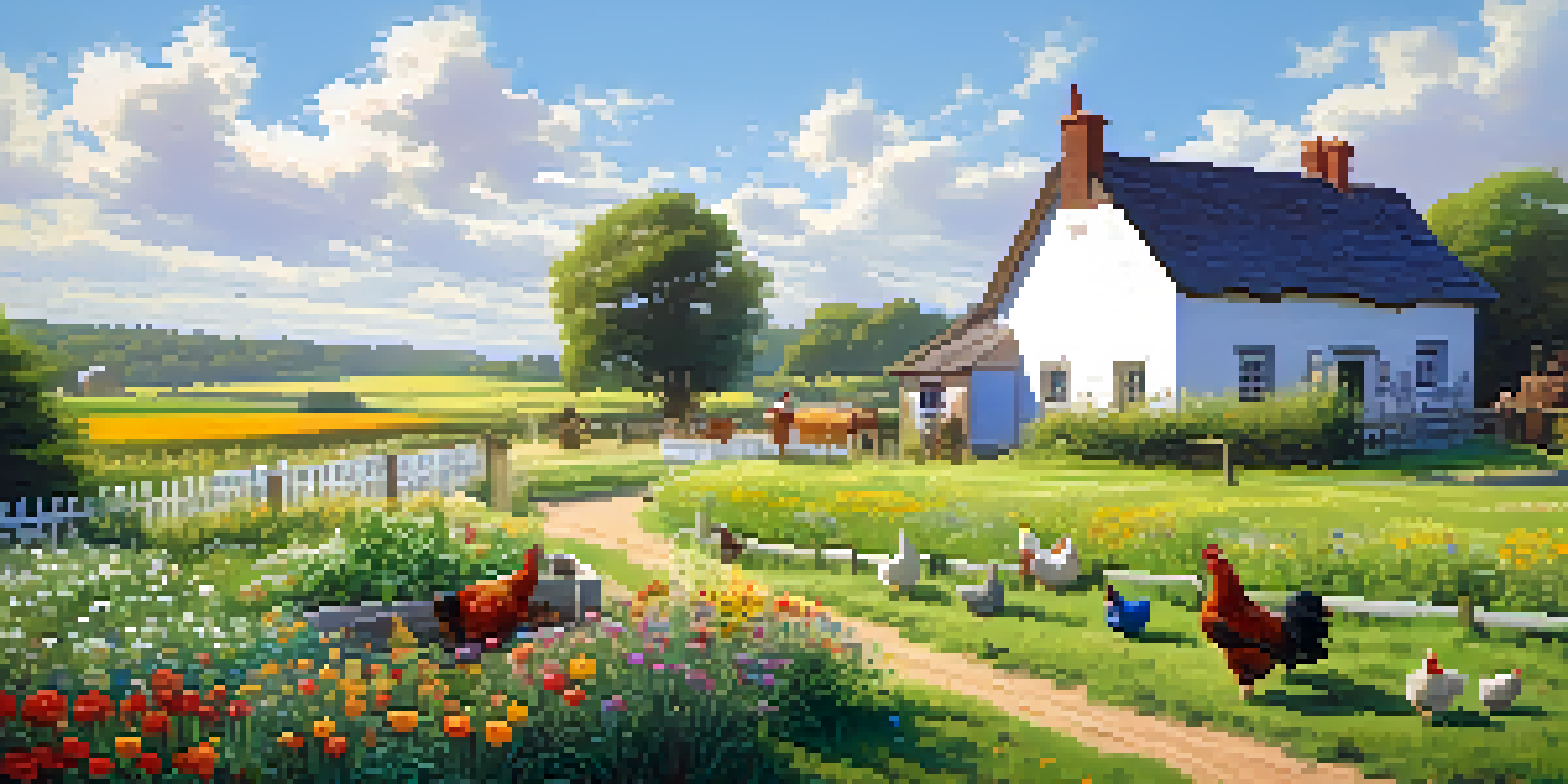 A serene rural scene featuring a green field, a wooden farmhouse, a farmer gardening, and chickens under a sunny sky.