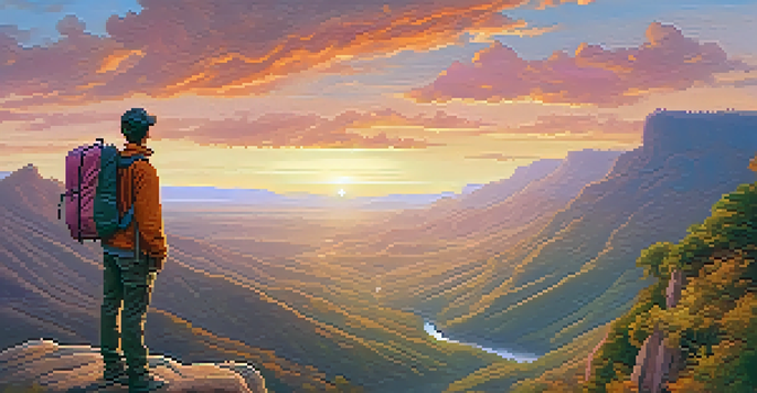 A traveler at a cliff's edge, enjoying a sunrise over a lush valley, dressed casually with a backpack and camera.