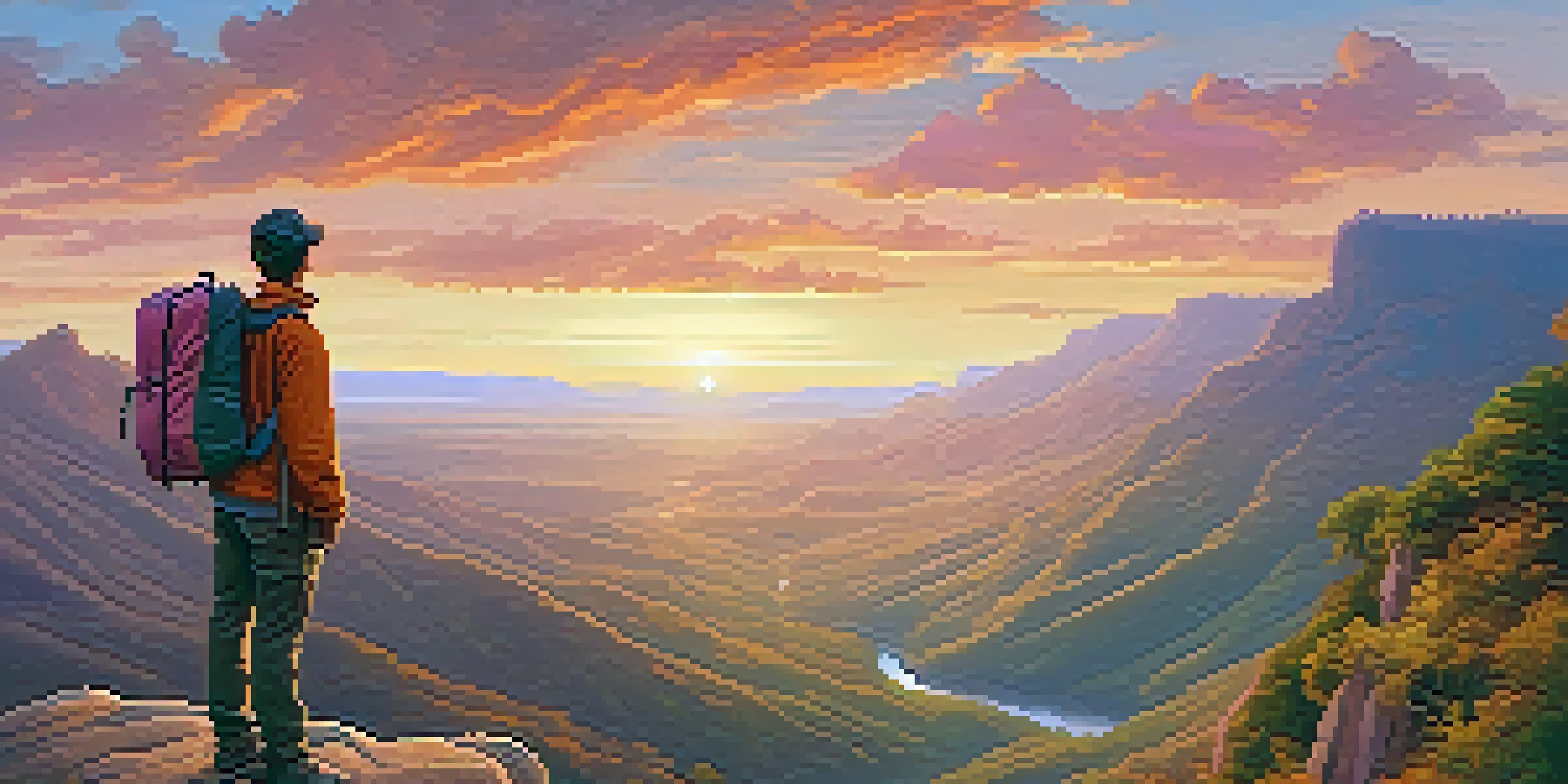 A traveler at a cliff's edge, enjoying a sunrise over a lush valley, dressed casually with a backpack and camera.