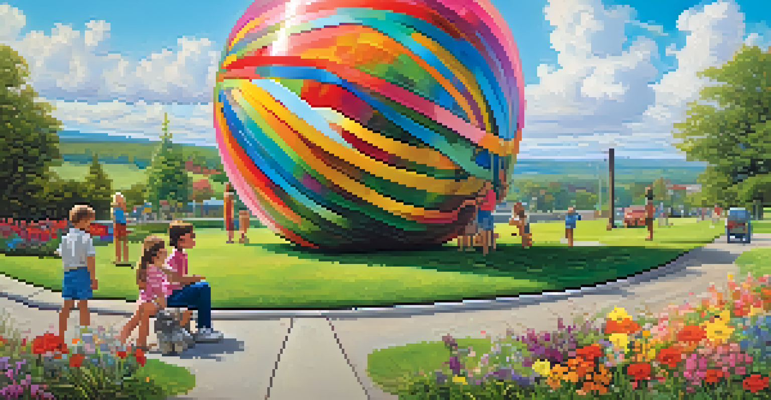 A giant rubber band ball on a grassy patch, with colorful flowers and children admiring it under a sunny sky.