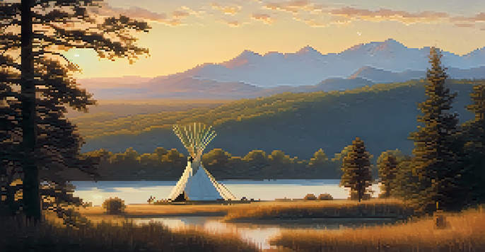A peaceful Native American landscape at dawn with hills, a river, and a teepee, bathed in golden light.