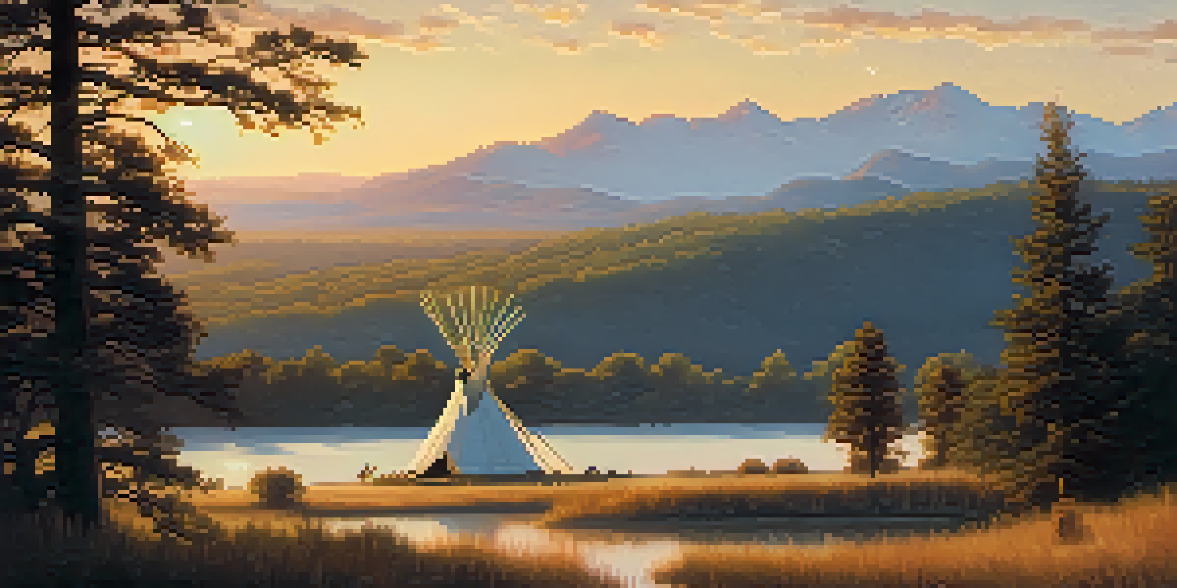 A peaceful Native American landscape at dawn with hills, a river, and a teepee, bathed in golden light.