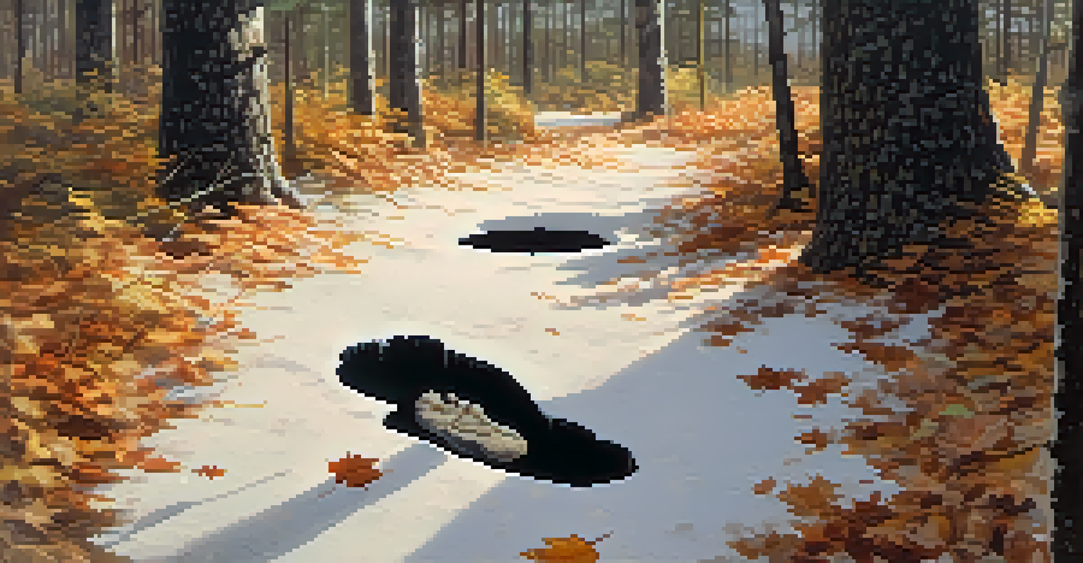 A large, clawed footprint in the Pine Barrens, surrounded by leaves and twigs, captured in soft diffused lighting.