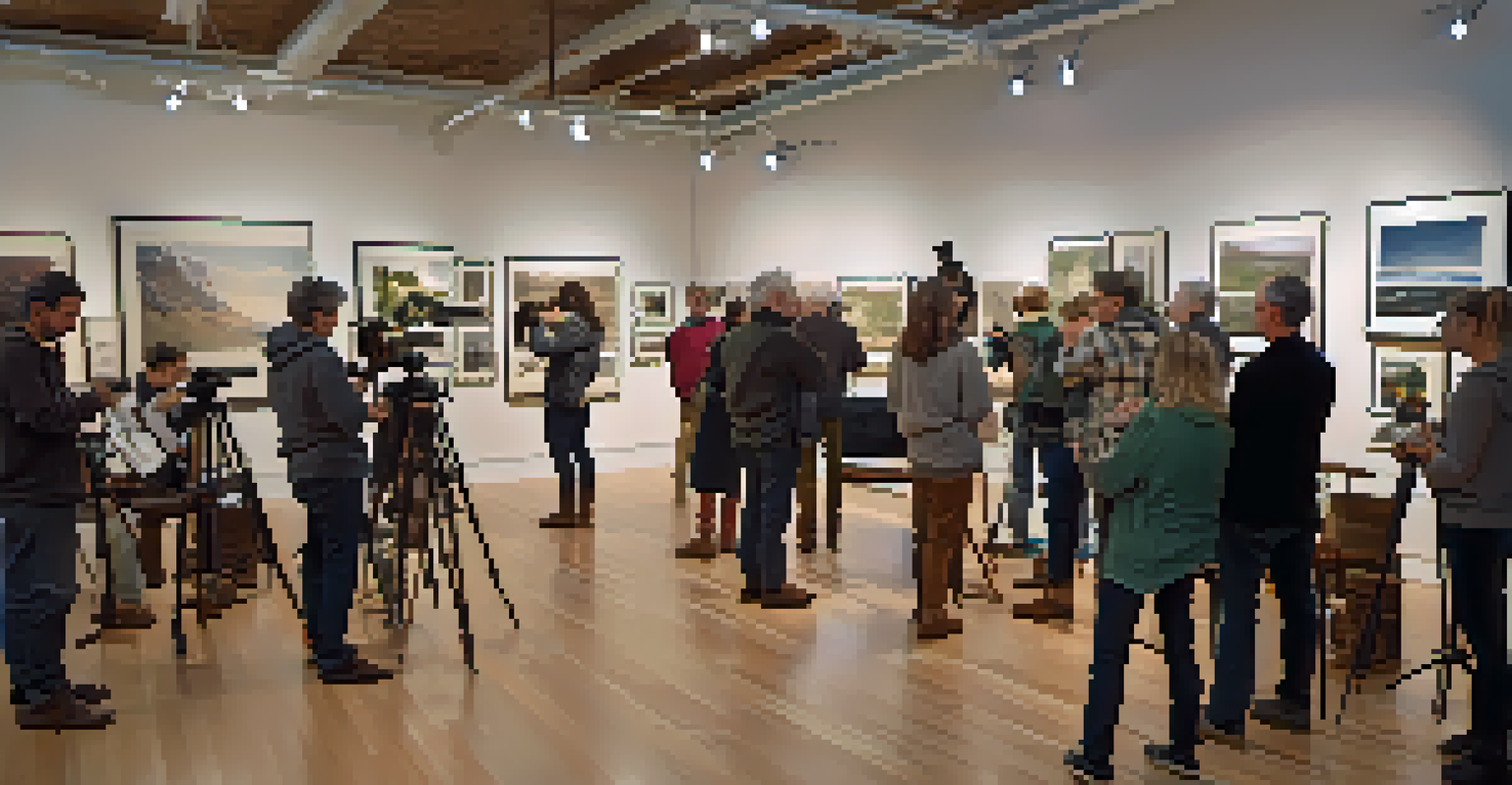 An inviting photography workshop with attendees learning from an instructor, surrounded by cameras and photographs, illuminated by warm lighting.