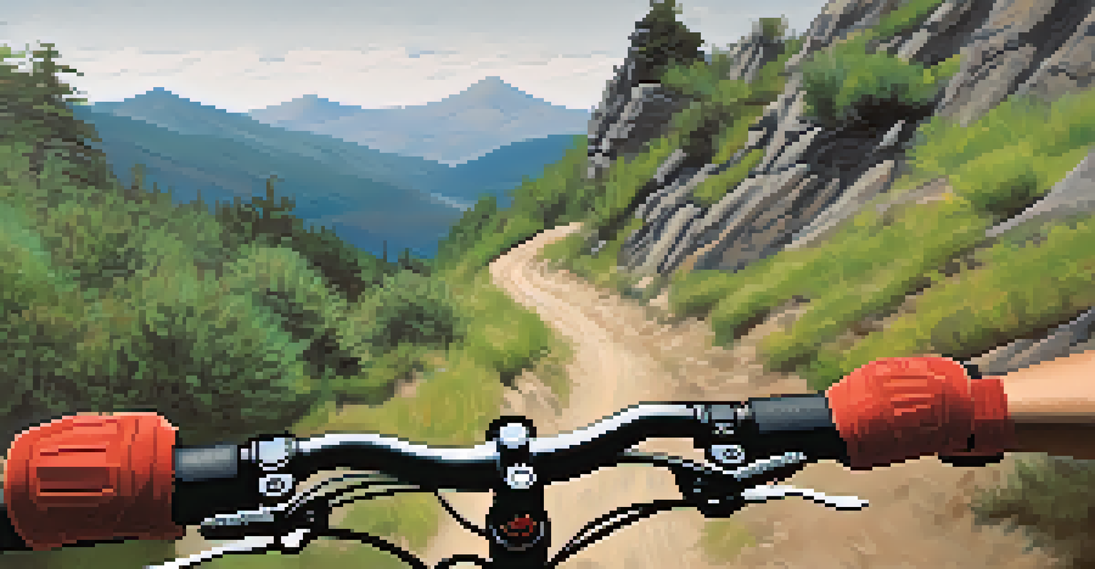 A close-up of a mountain biker's hands on the handlebars with a rugged trail and rocky terrain in the background.