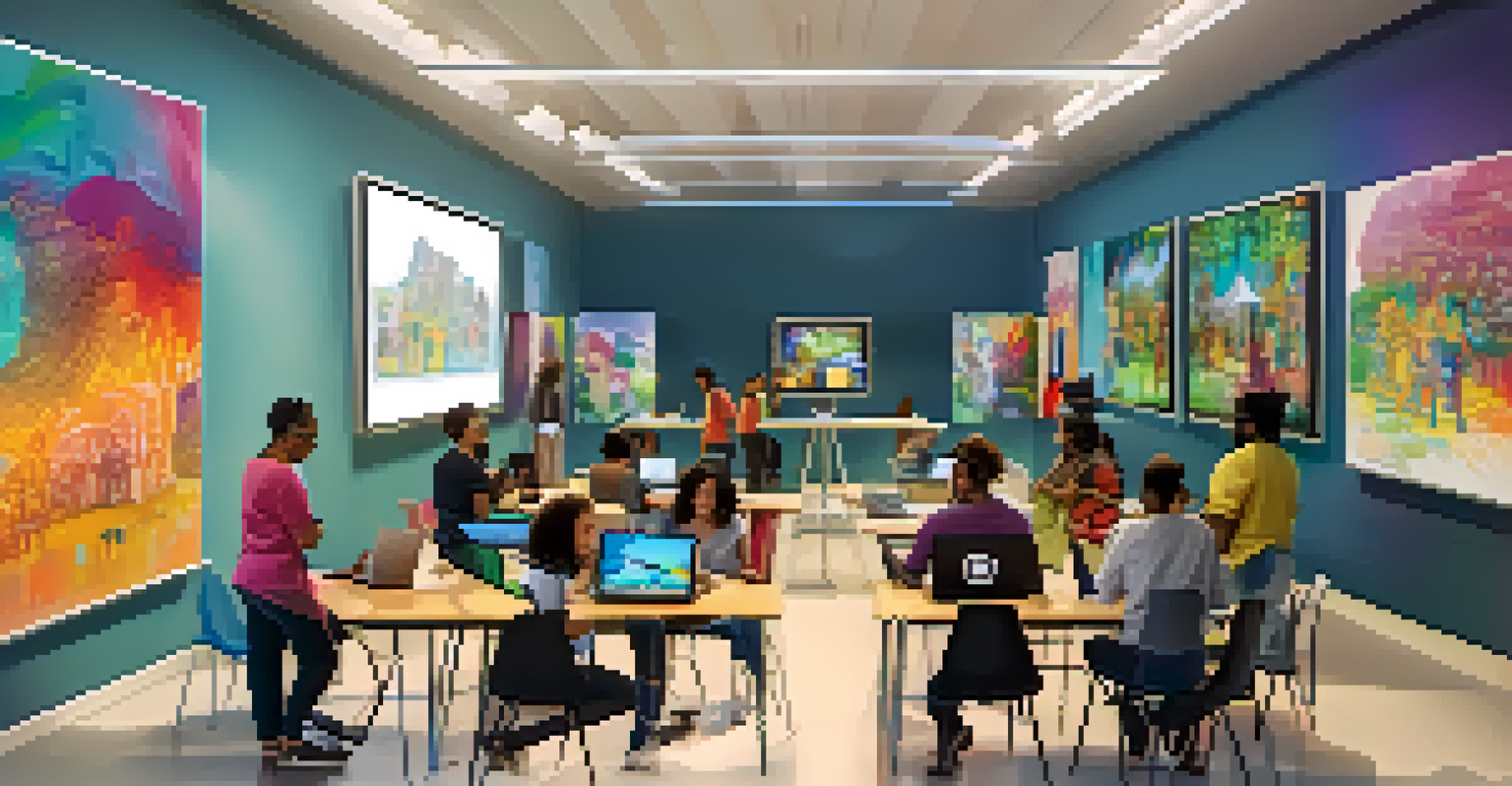 Participants engaged in a digital storytelling workshop in a modern community center, surrounded by vibrant artwork.