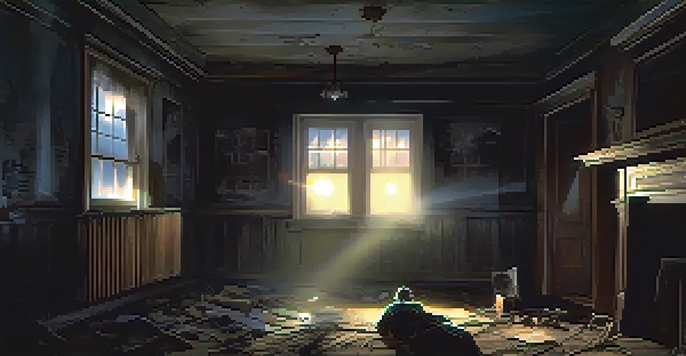 A ghost hunter in an abandoned house using an EMF meter and digital voice recorder, illuminated by moonlight.