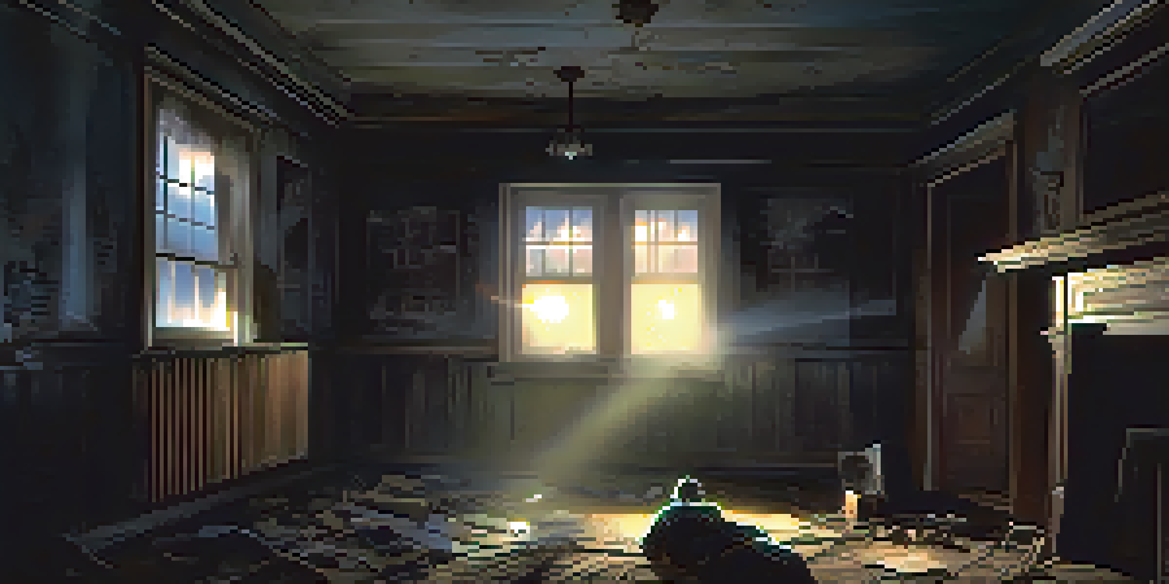 A ghost hunter in an abandoned house using an EMF meter and digital voice recorder, illuminated by moonlight.