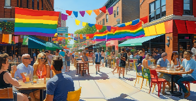 A lively street in Boystown, Chicago, decorated with rainbow flags and filled with diverse people enjoying the vibrant atmosphere.