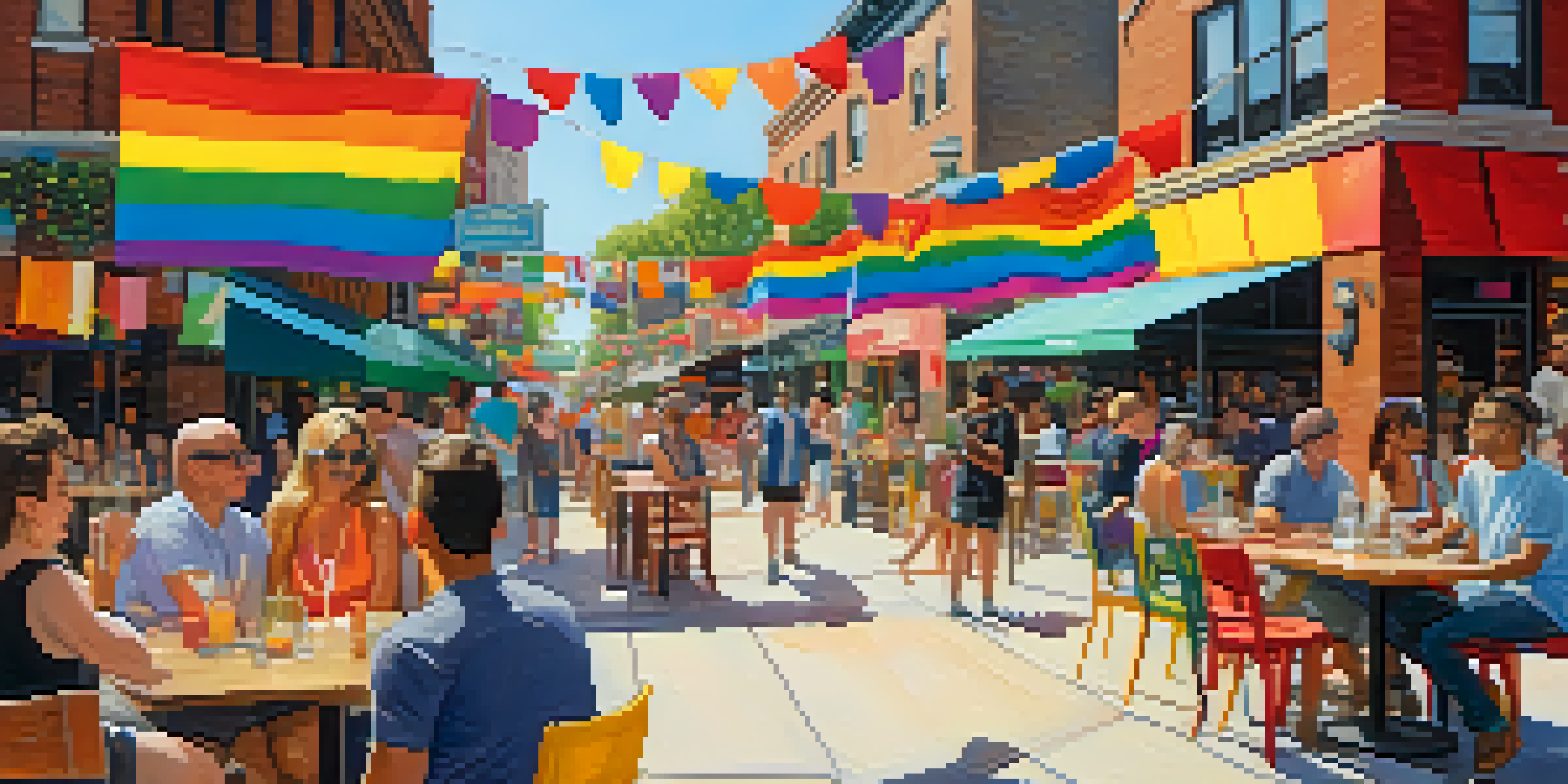 A lively street in Boystown, Chicago, decorated with rainbow flags and filled with diverse people enjoying the vibrant atmosphere.