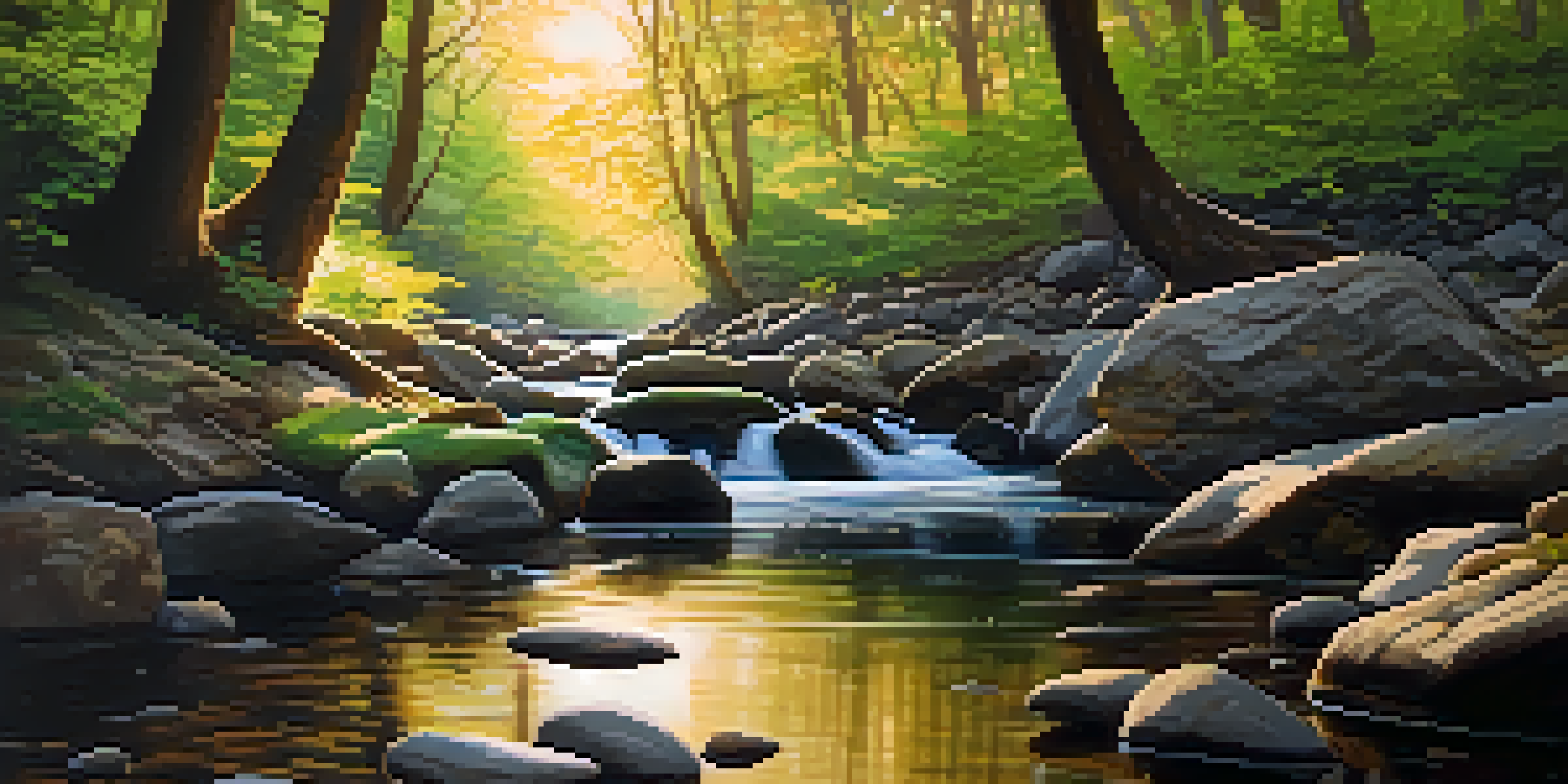 A peaceful forest at sunrise with golden light, a stream, and a wooden bench.