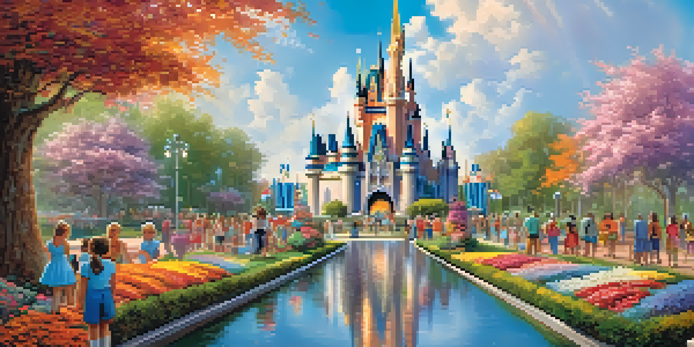 A scene depicting Cinderella Castle at Walt Disney World with families and children enjoying the park and interacting with characters.