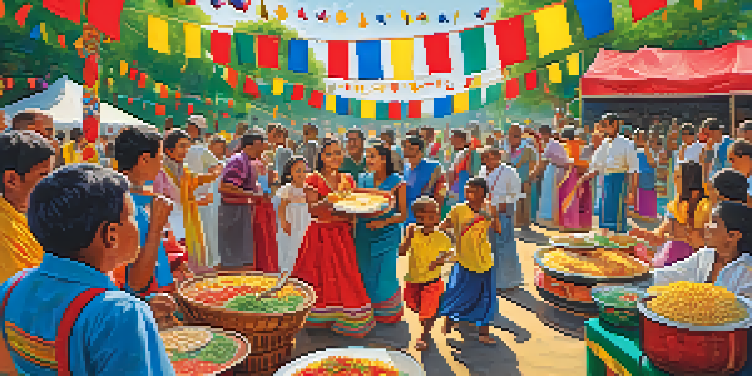 A lively cultural festival with diverse people enjoying traditional food, music, and dancing, surrounded by colorful decorations in a sunny park.